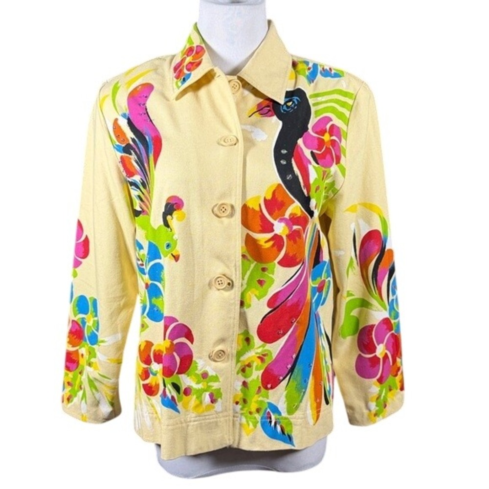 Erin London 100% Silk Tropical Bird Floral Sequin Jacket Yellow Small Women
